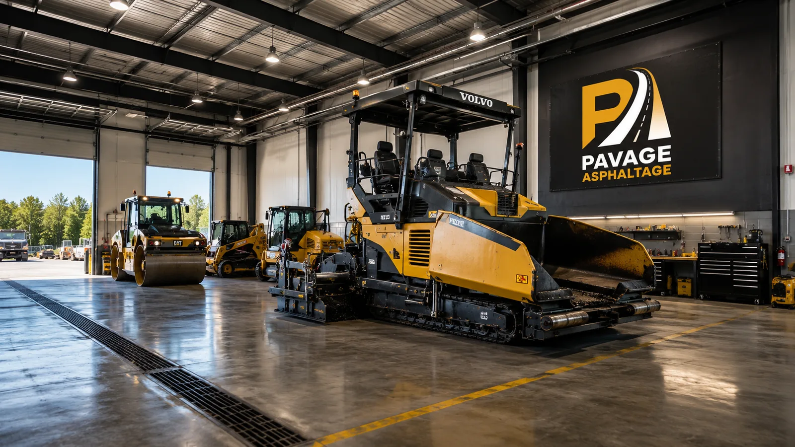 Équipements de pavage dans un garage : finisseur, rouleaux et camions
