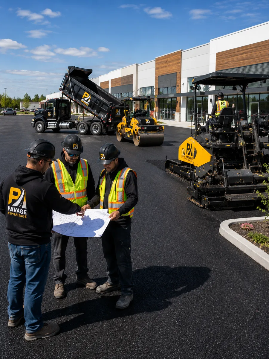 Équipe consultant des plans sur un chantier de stationnement