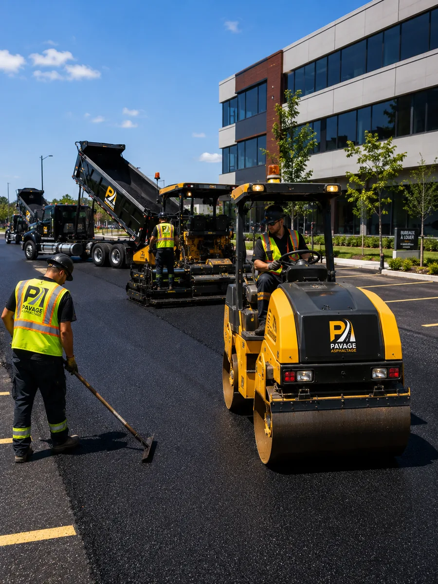 Asphaltage d'un stationnement commercial avec rouleau et finisseur