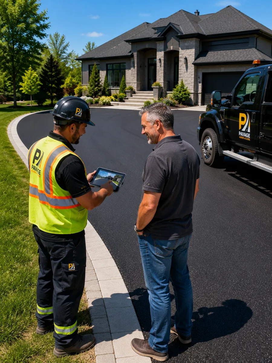Représentant montrant une tablette à un client devant une entrée asphaltée